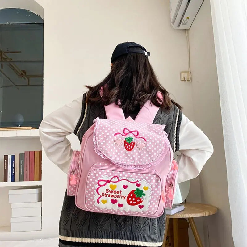 Girl Embroidery Strawberry Backpack bag