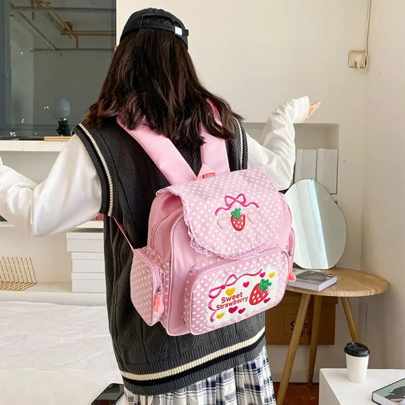 Girl Embroidery Strawberry Backpack bag